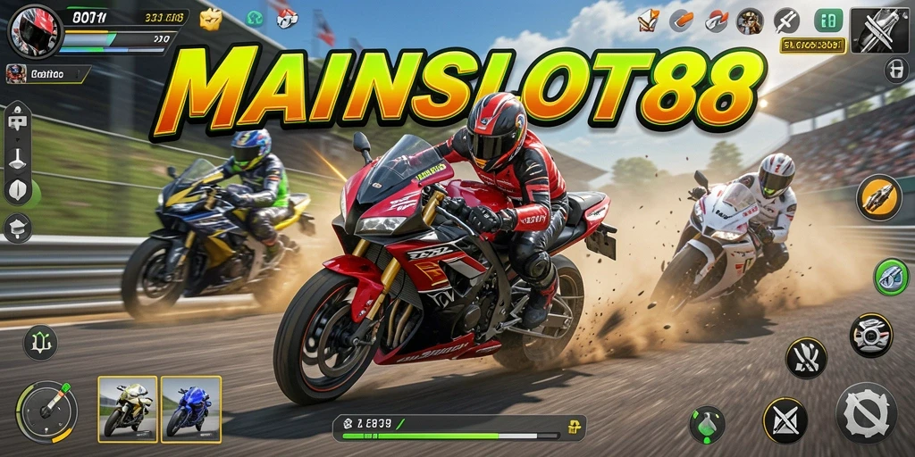 Screenshot MAINSLOT88 menampilkan aksi menegangkan di lintasan balap motor.