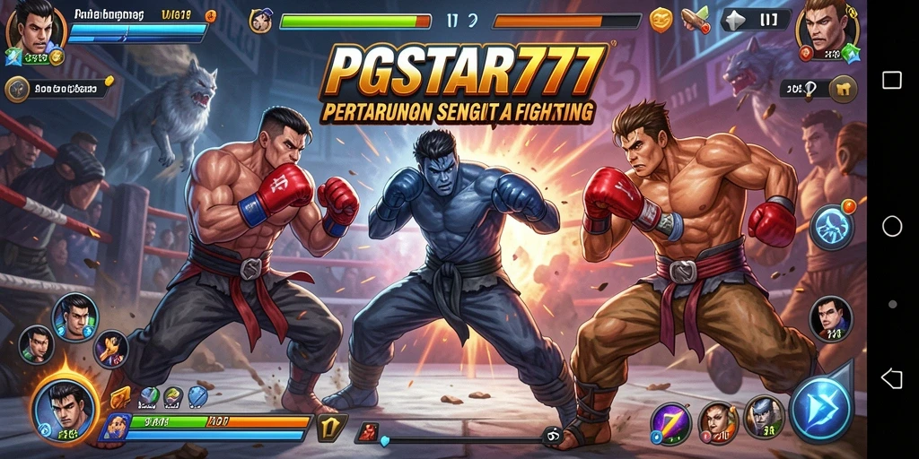 Tampilan aksi intens di PGSTAR777 dengan karakter bertarung.